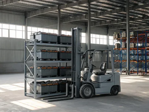 Battery stand beside a parked electric forklift
