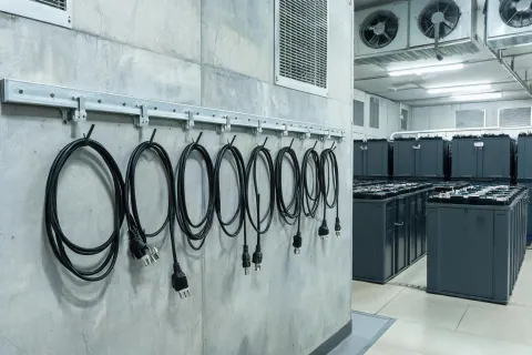 Charger cables hung in a battery room