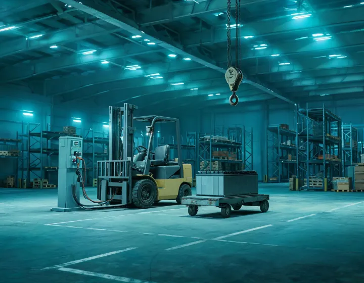 Electric forklift battery change-out in a warehouse charging bay