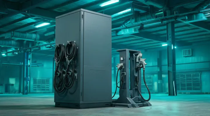 Industrial forklift battery charger cabinet beside a charging stand